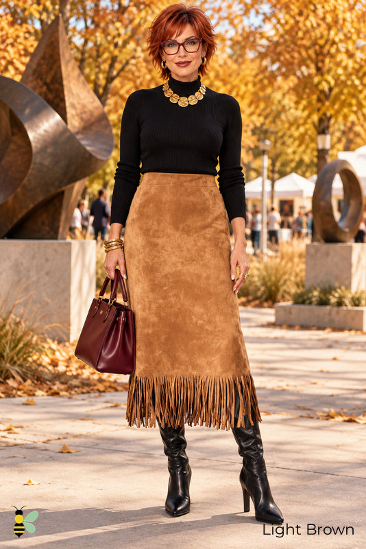 Fringe After Five Suede Midi Skirt | 03_Light_Brown_front | Light Brown front | B Store glam