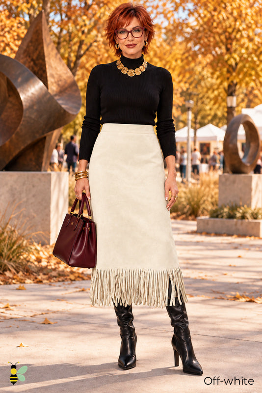 Fringe After Five Suede Midi Skirt | 03_Off_white_front | Off-white front | B Store glam