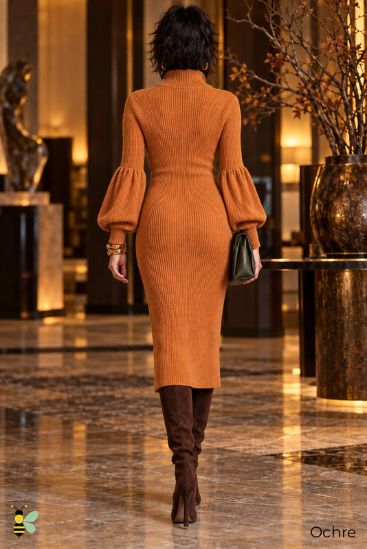 Zip Into Glam Lantern-Sleeve Knit Dress | 08_Ochre_back | Ochre back | B Store glam