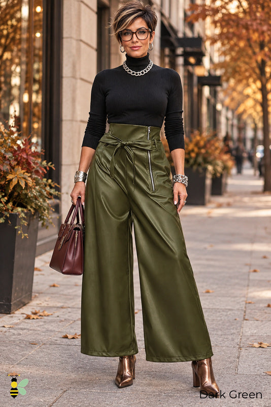 Night Shift Tie-Waist Leather Pants | 12_Army_Green_front | Dark Green front | B Store glam