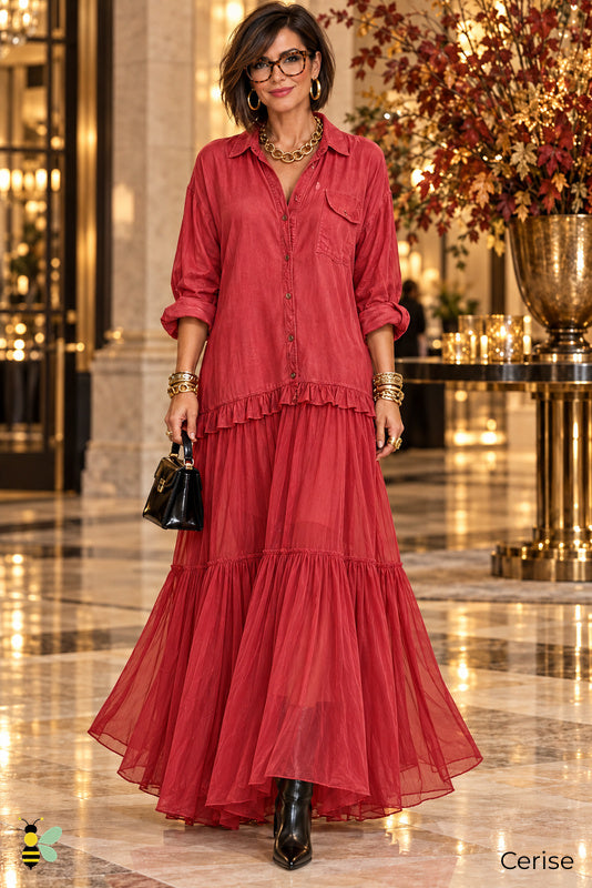 Long Sleeve Sheer Ruffle Maxi Dress | cerise-front | Cerise | B Store glam