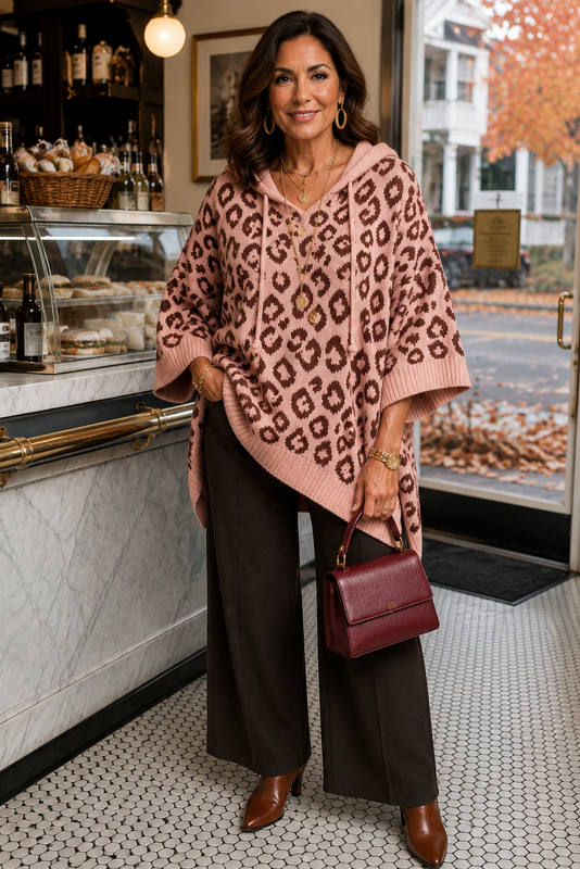 Vivi Country Weekend Leopard Hooded Poncho - 7 Colors Availible