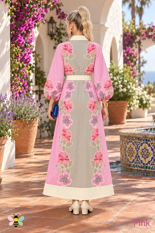 Courtyard Bloom Maxi Shirt Dress | Pink | back | Illustrative reconstruction; supplier-unverified