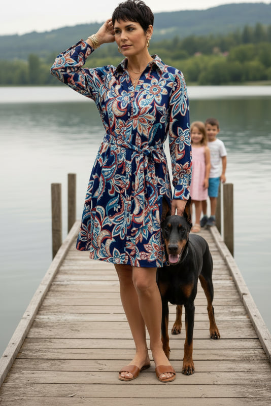 Blue Paisley Starburst Tie Dress