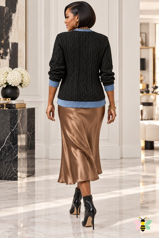 The Darien Denim-Trim Cable-Knit Pullover