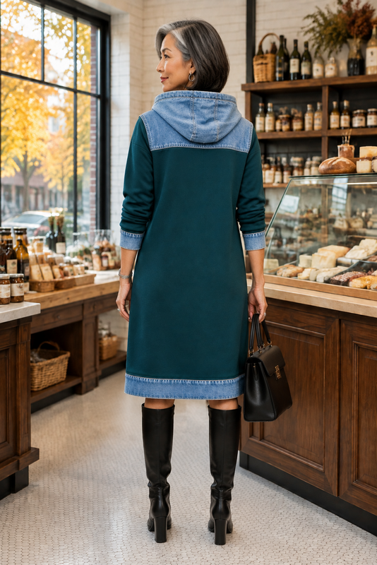 Weekend Denim-Trim Hooded Dress -5 Colors