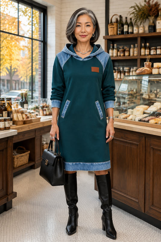 Weekend Denim-Trim Hooded Dress -5 Colors