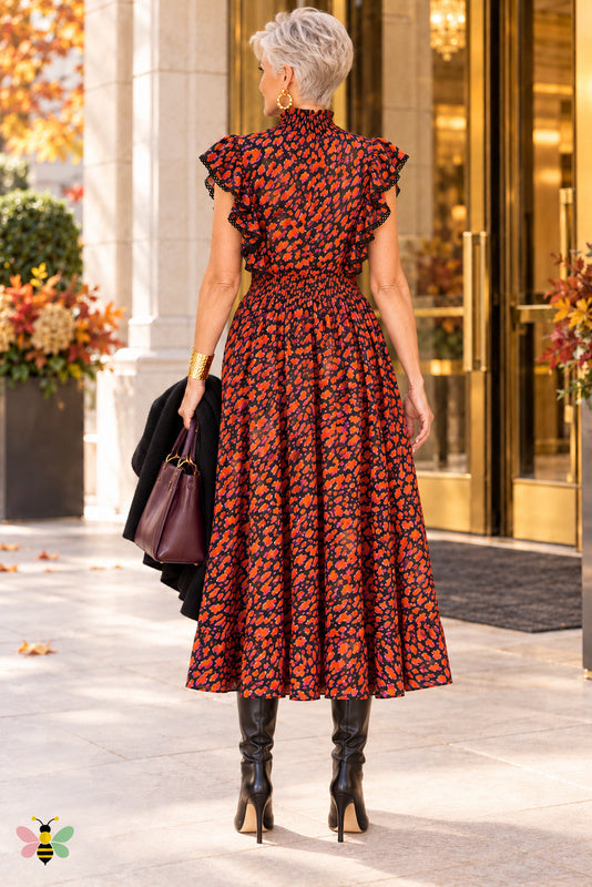 Ember Orchid Ruffled Midi Dress
