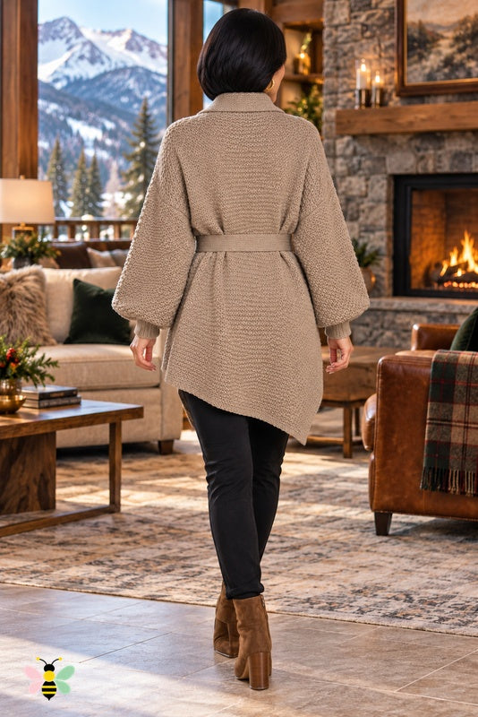 Evening Ease Belted Knit Cardigan | Khaki | back