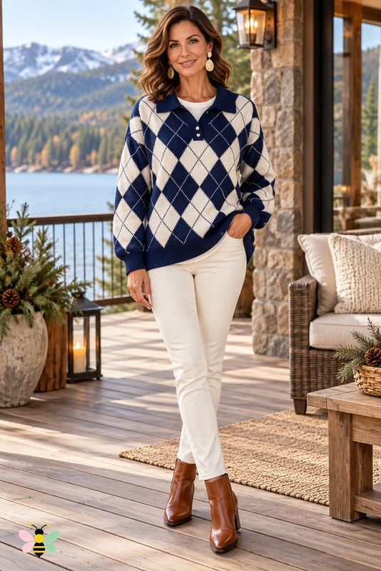 Fireside Club Argyle Polo Sweater | Navy | front