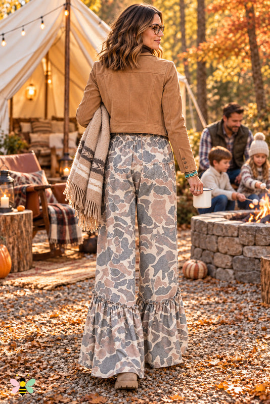 Glamping Weekend Ruffle-Hem Camo Pants