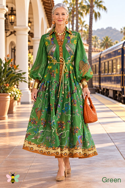 Golden Aviary Lantern-Sleeve Shirt Dress | Green | front