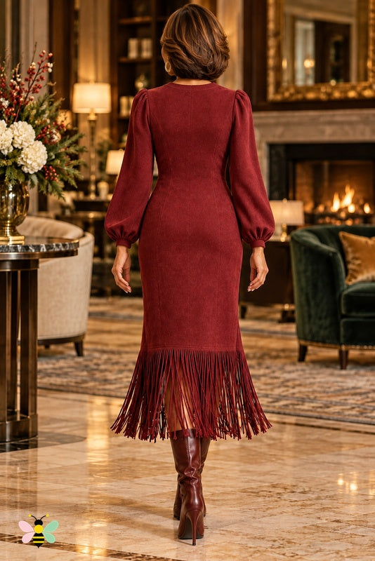 Golden Hour Fringe Midi Dress | Burgundy | back