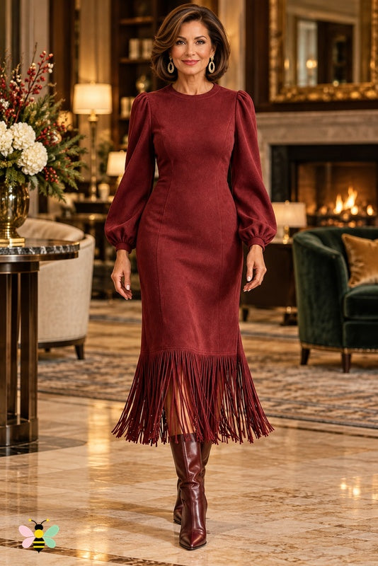Golden Hour Fringe Midi Dress | Burgundy | front