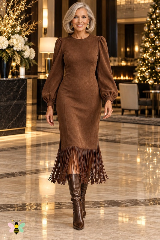 Golden Hour Fringe Midi Dress | Coffee Brown | front