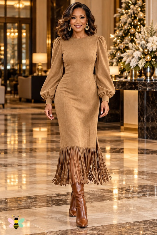 Golden Hour Fringe Midi Dress | Khaki | front