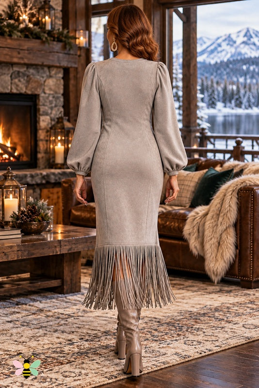 Golden Hour Fringe Midi Dress | Light Gray | back