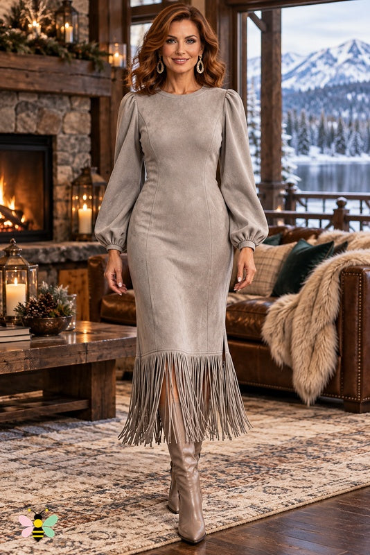 Golden Hour Fringe Midi Dress | Light Gray | front
