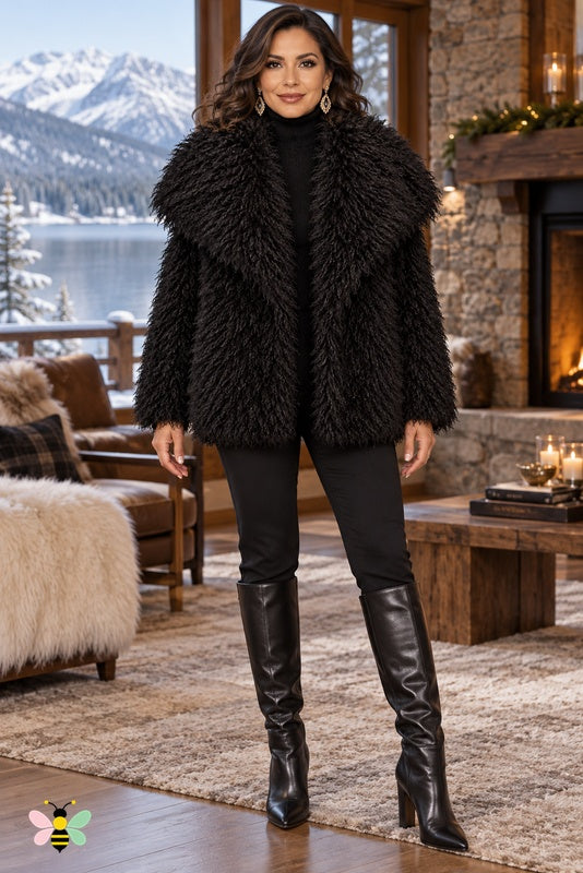 Grand Entrance Faux-Fur Jacket | Black-Curly Fur With Oversized Fur Collar | front