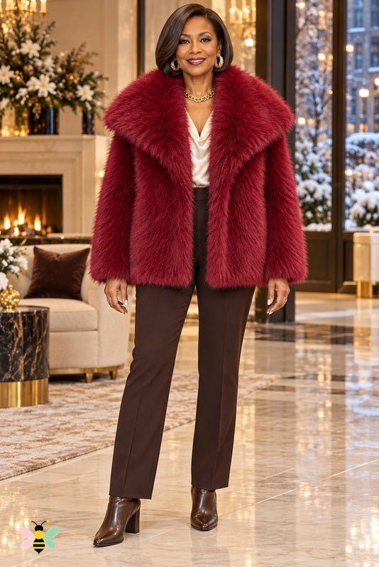 Grand Entrance Faux-Fur Jacket | Burgundy-Oversized Collar | front