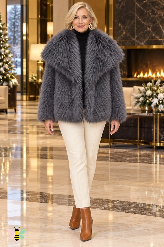 Grand Entrance Faux-Fur Jacket | Dark Gray-Oversized Collar | front