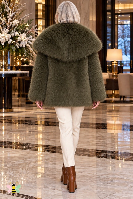 Grand Entrance Faux-Fur Jacket | Dark Green-Oversized Fur Collar | back