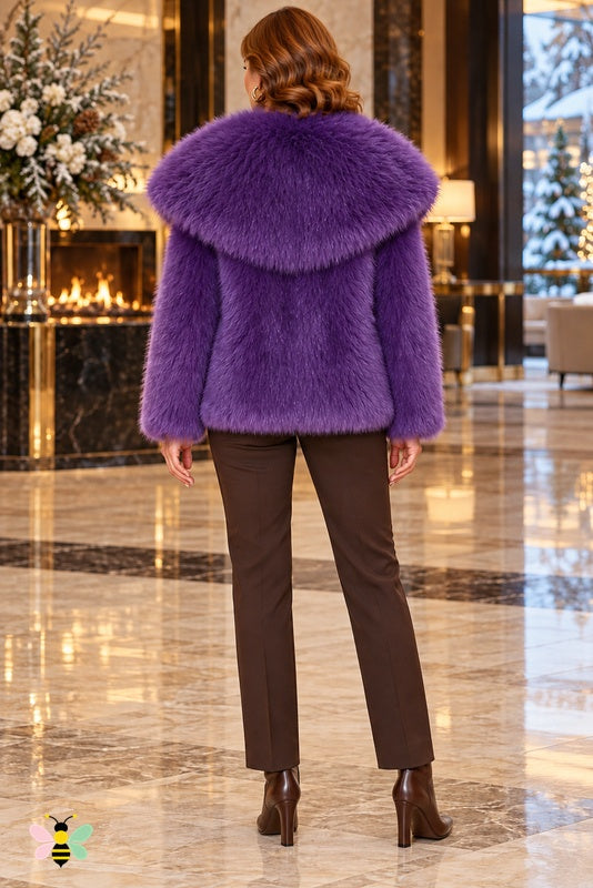 Grand Entrance Faux-Fur Jacket | Dark Purple-Oversized Collar | back