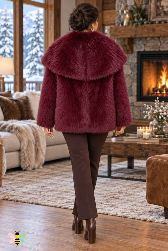 Grand Entrance Faux-Fur Jacket | Dark Red-Oversized Collar | back
