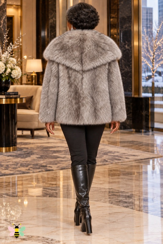 Grand Entrance Faux-Fur Jacket | Gray Base-Tip-dyed Thickened Fur With Oversized Collar | back