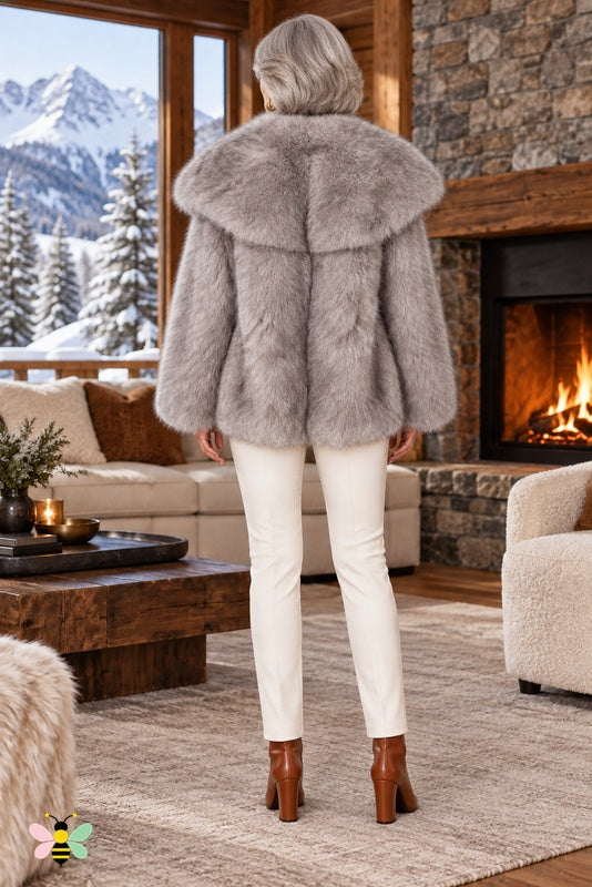 Grand Entrance Faux-Fur Jacket | Gray-Tip-dyed Thickened Fur With Oversized Collar | back
