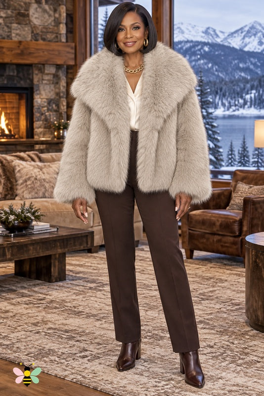 Grand Entrance Faux-Fur Jacket | Greige-Oversized Collar | front