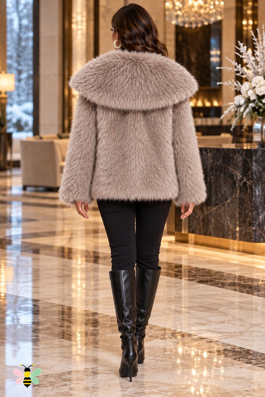 Grand Entrance Faux-Fur Jacket | Light Khaki-Oversized Collar | back