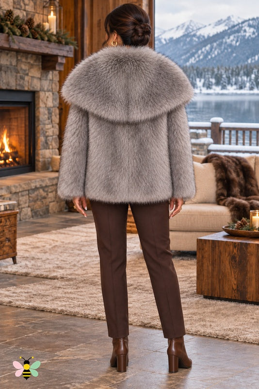 Grand Entrance Faux-Fur Jacket | Medium Gray And Black-Tipped Fur With Oversized Collar | back