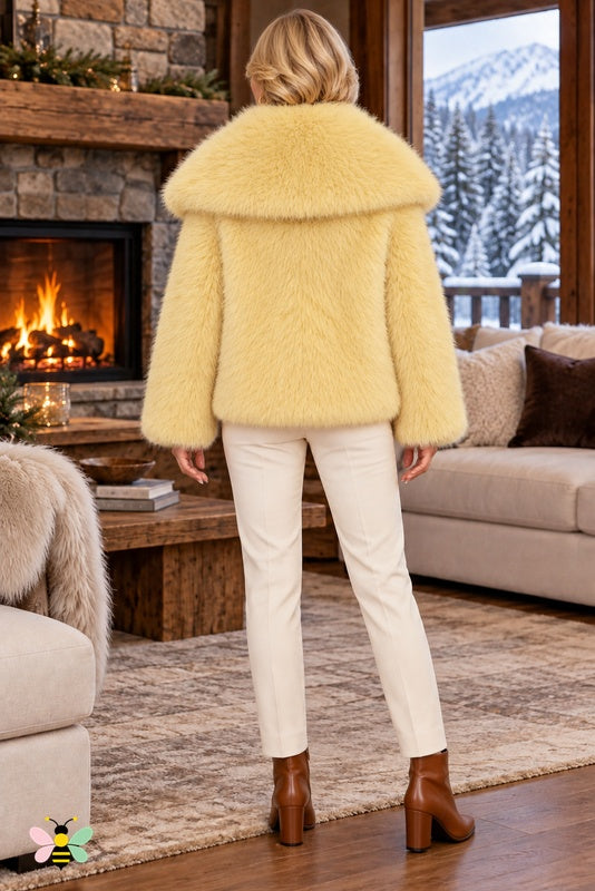 Grand Entrance Faux-Fur Jacket | Pale Yellow-Oversized Collar | back