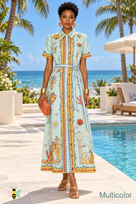 Gulf Reverie Belted Maxi Shirt Dress | Multicolor | front