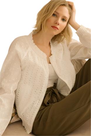 MIXED EYELET LACE SMOCKED BANDS BOMBER JACKET