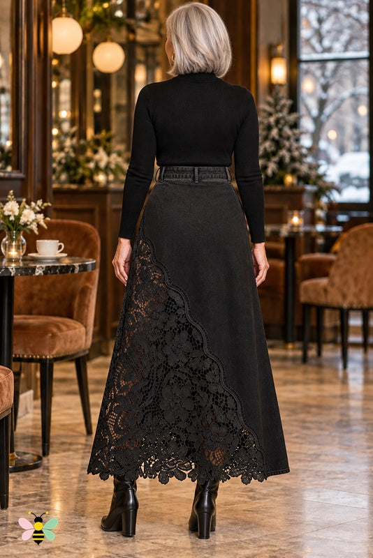 Lace Frontier Denim Skirt | Black | back