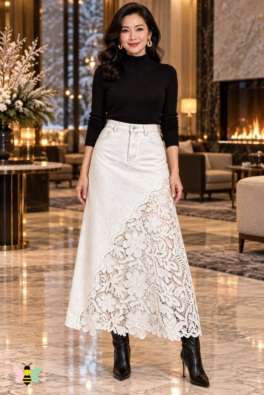 Lace Frontier Denim Skirt | White | front