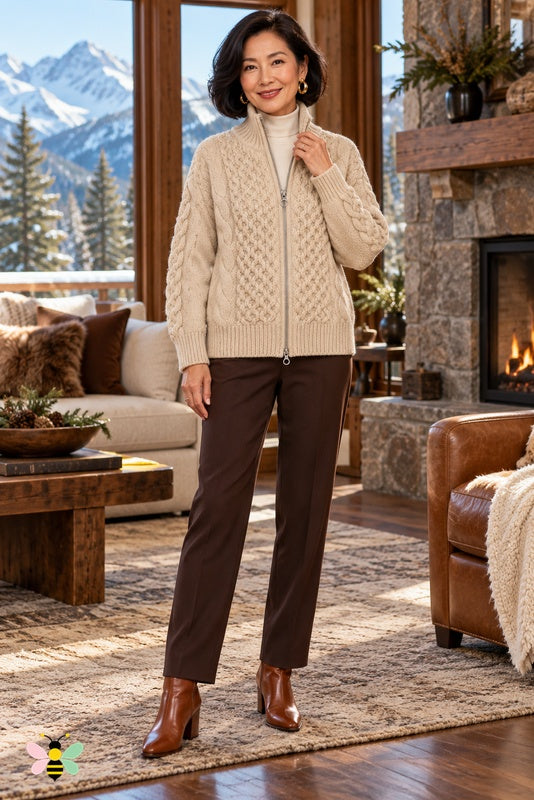 Lodge Society Wool Cable Cardigan | Light Camel | front