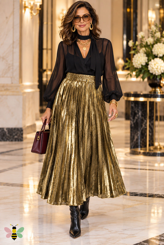 Lustre Metallic Pleated Skirt — Elegant Gold Front