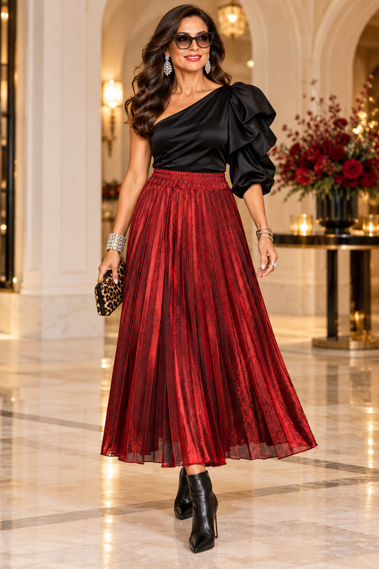 Lustre Metallic Pleated Skirt — Sophisticated Red Front