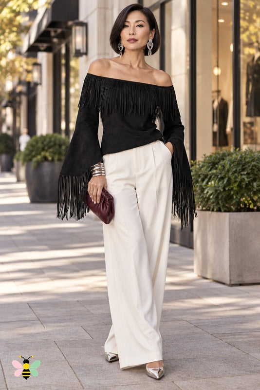 The Marlowe Fringe Off-Shoulder Top