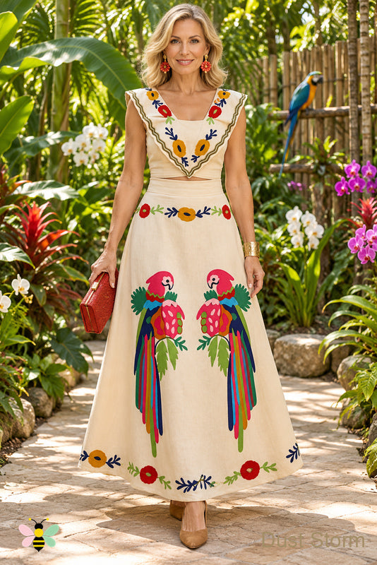Parrot Garden Crop Top & Maxi Skirt Set | Dust Storm | front