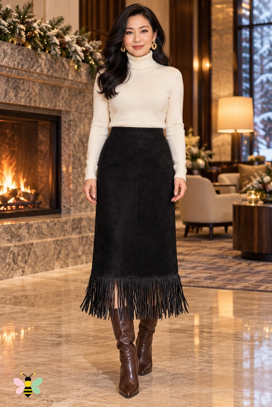 Prairie Afterglow Fringe Skirt | Black | front