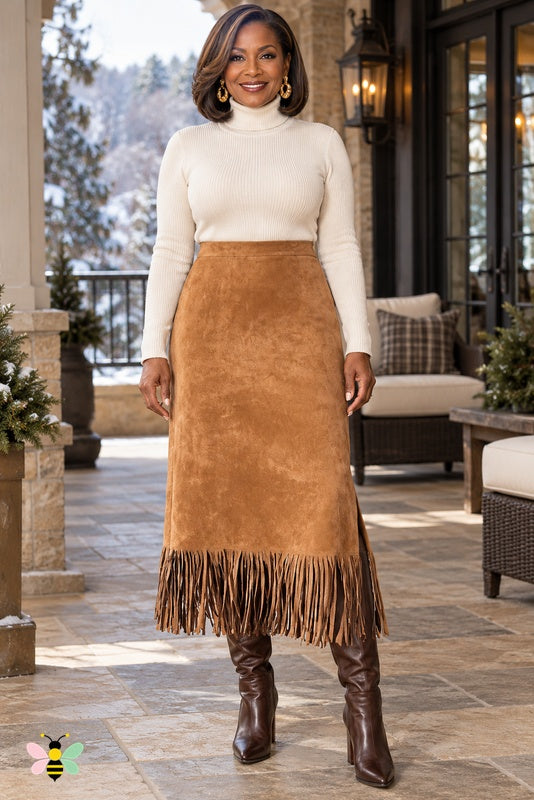 Prairie Afterglow Fringe Skirt | Light Brown | front