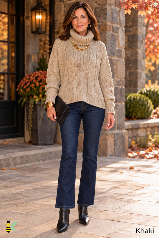 Afterglow Cable-Knit Turtleneck Sweater | Khaki | front