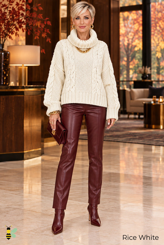 Afterglow Cable-Knit Turtleneck Sweater | Rice White | front