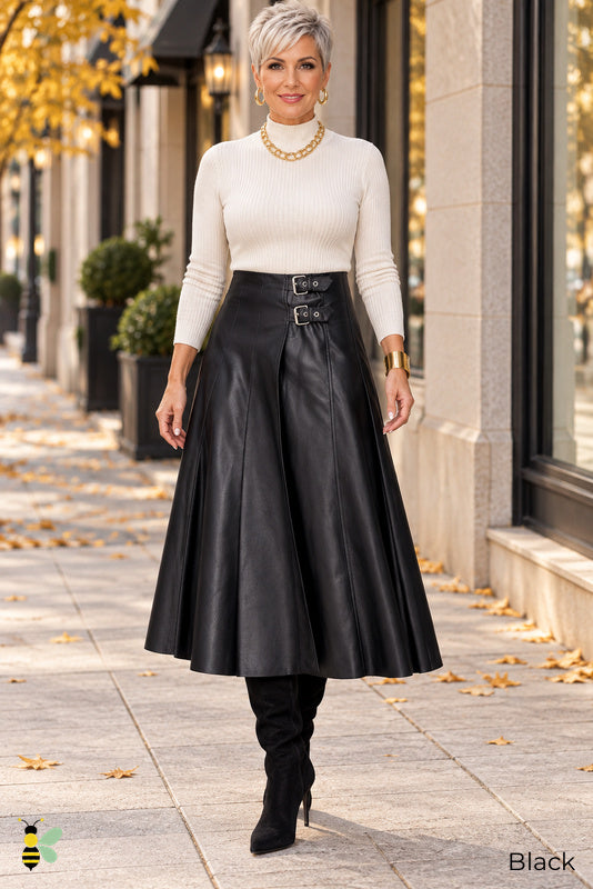 Night Shift Buckle Midi Skirt | Black | front