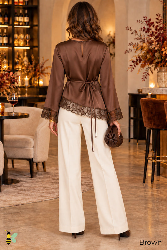 Satin Afterglow Lace-Trim Blouse | Brown | back