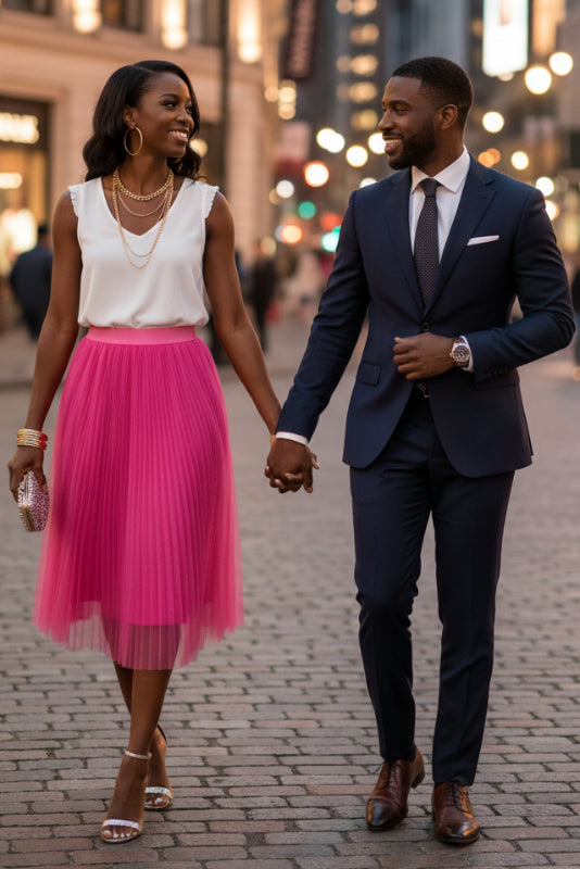 High waisted mesh midi skirt with a pleated design